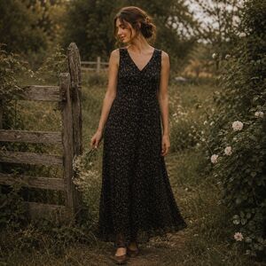 Y2K Black Pink Micro Floral Maxi Dress M Dark Cottage Fairy Prairie Romantic